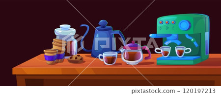 Barista coffee making setup on wooden table Barista coffee making setup on wooden table 120197213