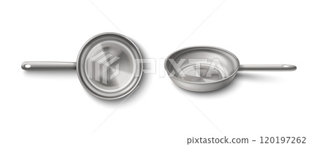 Grey clear new steel frying pan top and side view. Grey clear new steel frying pan top and side view. 120197262