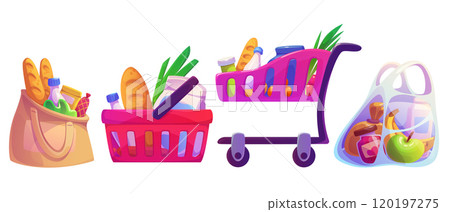Grocery shop cart, basket, bag set 120197275
