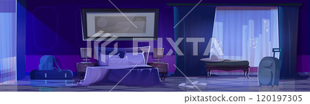 Modern hotel bedroom interior at night cartoon 120197305