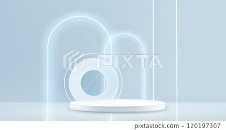 3d neon blue arch and white product podium vector 3d neon blue arch and white product podium vector 120197307