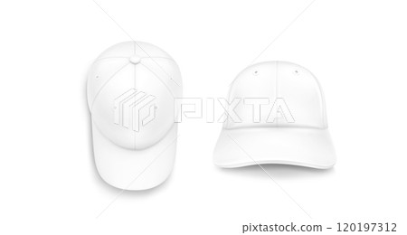 White baseball cap mockup front and top view. White baseball cap mockup front and top view. 120197312