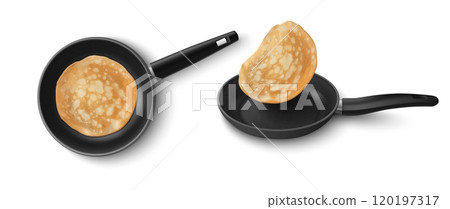 Crepe on frying pan with nonstick teflon coating. 120197317