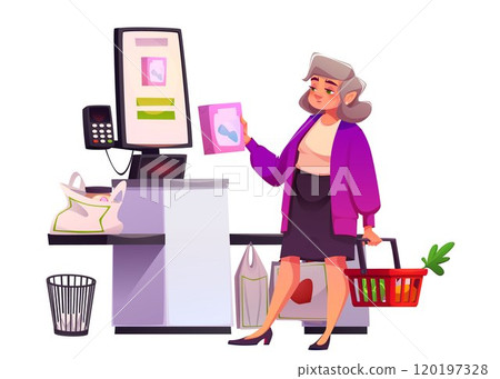 Woman using self checkout kiosk in supermarket. Woman using self checkout kiosk in supermarket. 120197328