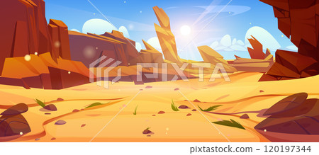 Desert dry landscape with sand, cliff mountains 120197344