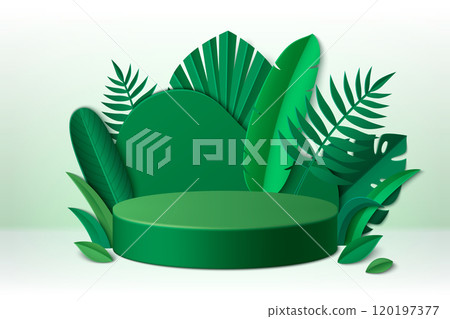 Green cylinder product podium with paper cut leaf. 120197377