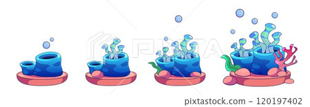 Seaweed and coral with bubble on sand island 120197402