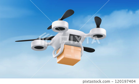 Drone carrying parcel box in sky 120197404