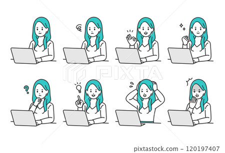 A set of young women with various expressions and poses while looking at a computer [People vector illustration material] 120197407