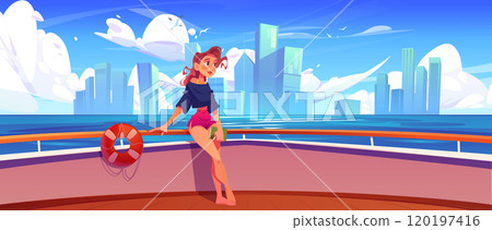 Woman with book on wooden deck of yacht or ship Woman with book on wooden deck of yacht or ship 120197416