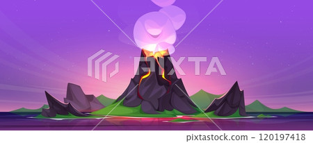Sunset or sunrise landscape with volcano erupt Sunset or sunrise landscape with volcano erupt 120197418
