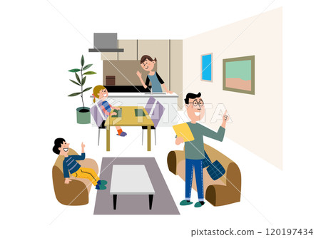 Family of four in the living room Family of four in the living room 120197434