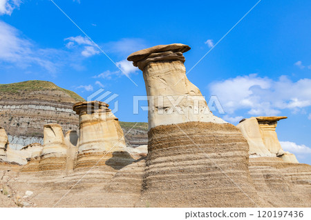 Sandstone hoodoos created by erosion in scenic badlands in summer. 120197436