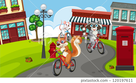 Animals Biking Through a Vibrant Town Animals Biking Through a Vibrant Town 120197611