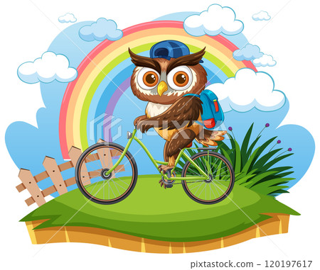 Owl Riding Bicycle Under Rainbow 120197617