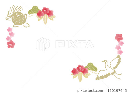 Illustration of a message card with a pine, bamboo, plum and crane 120197643