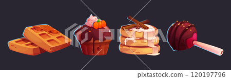 Sweet pastries and candies for cozy autumn design. Sweet pastries and candies for cozy autumn design. 120197796