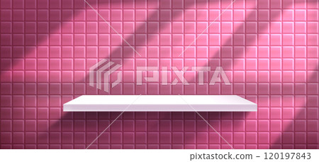 White shelf on pink tiled wall background 120197843