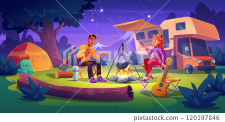 Couple sitting near campfire on camping at night Couple sitting near campfire on camping at night 120197846