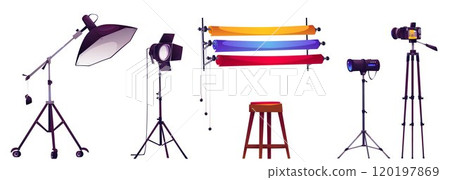 Camera for photoshoot studio and light cartoon 120197869