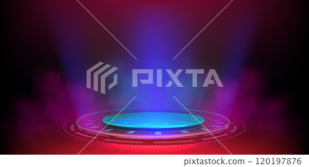 Tech hologram light podium with blue neon glow 120197876