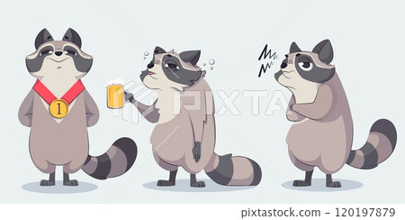 Cute racoon character. Funny animal drawing set 120197879