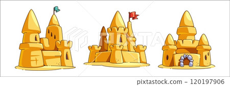 Sandcastle with tower, gate and flag. 120197906