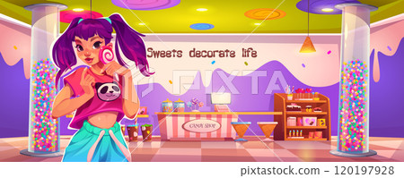 Cute young woman with lollipop in candy shop 120197928