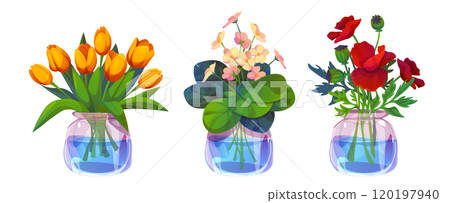 Flower bouquet in vase. Bunch of tulip plant set 120197940