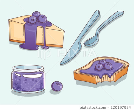 Blueberry jam in jar, on bread toast and cake 120197954