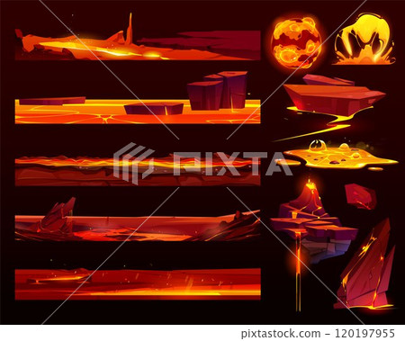 Fire and lava game effect. Magma and rock cartoon 120197955