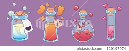 Magic love potion in glass bottle and flask. 120197974