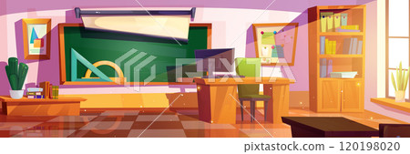 School classroom interior with chalkboard 120198020