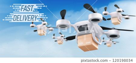 Fast delivery banner with drone robots and parcels 120198034