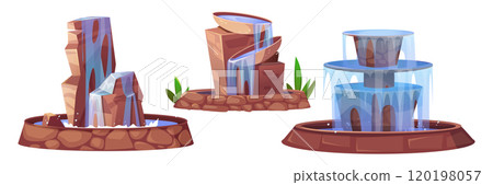Decorative city park fountain with falling water. 120198057