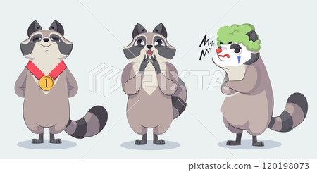Grey and black racoon cartoon character set. 120198073