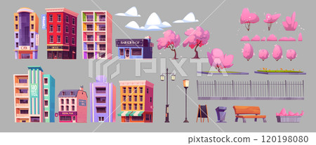 Spring city street building, bush and tree png set 120198080