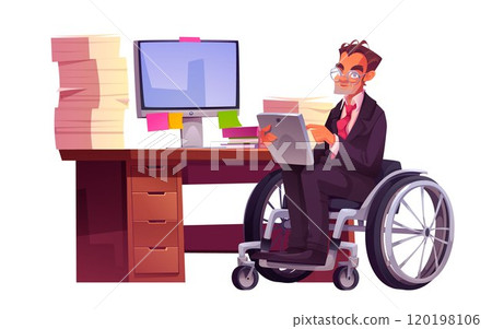 Wheelchair person in work table. Inclusive office Wheelchair person in work table. Inclusive office 120198106