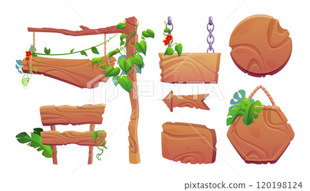 Wooden signboards decorated with tropical plants 120198124