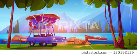 Car with baggage on roof near lake and mountains Car with baggage on roof near lake and mountains 120198139