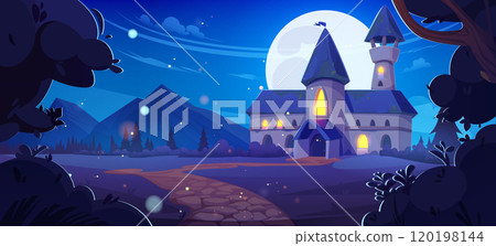 Fairy castle with light in windows at night. Fairy castle with light in windows at night. 120198144