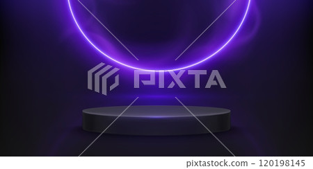 Round podium and neon circle on dark background 120198145