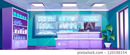 Hospital pharmacy store interior. Medical shelves 120198154