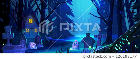 Spooky Halloween landscape - house near cemetery Spooky Halloween landscape - house near cemetery 120198177
