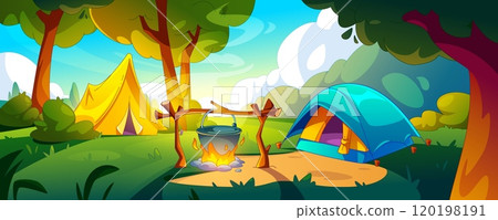 Campsite with tent and bonfire standing in forest Campsite with tent and bonfire standing in forest 120198191