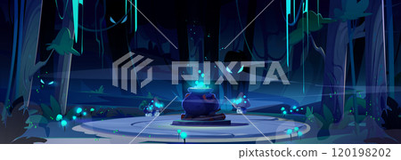 Spooky night forest landscape with witch cauldron Spooky night forest landscape with witch cauldron 120198202