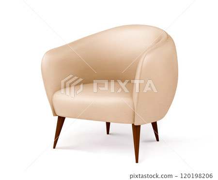Beige soft leather armchair with wooden legs. Beige soft leather armchair with wooden legs. 120198206