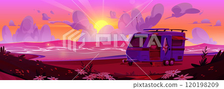 Camper van trailer on sea or lake beach on sunset 120198209