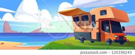Camper van on sea or lake beach Camper van on sea or lake beach 120198243