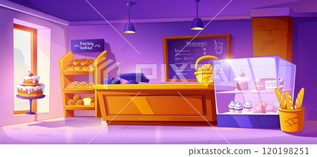 Bakery shop interior with counter and cake vector Bakery shop interior with counter and cake vector 120198251